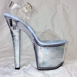 PLEASER RADIANT-708 CLEAR SILVER ICE HOLOGRAM 7 INCH HIGH HEEL PLATFORM SHOES SALE SIZE 7