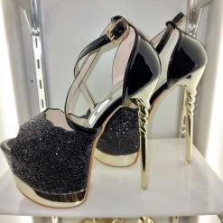 SHOES OF HOLLYWOOD BLACK GLITTER GOLD 6 INCH TWIST HIGH HEEL PLATFORM SHOES SALE