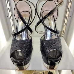 SHOES OF HOLLYWOOD BLACK GLITTER GOLD 6 INCH TWIST HIGH HEEL PLATFORM SHOES SALE