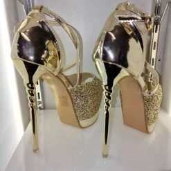 SHOES OF HOLLYWOOD GOLD GLITTER GOLD 6 INCH TWIST HIGH HEEL PLATFORM SHOES SALE