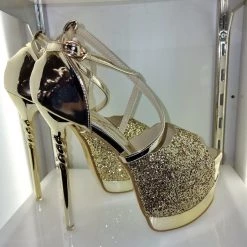 SHOES OF HOLLYWOOD GOLD GLITTER GOLD 6 INCH TWIST HIGH HEEL PLATFORM SHOES SALE