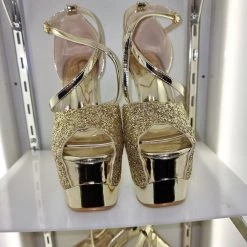 SHOES OF HOLLYWOOD GOLD GLITTER GOLD 6 INCH TWIST HIGH HEEL PLATFORM SHOES SALE
