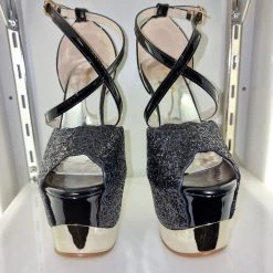 SHOES OF HOLLYWOOD BLACK GLITTER GOLD 6 INCH TWIST HIGH HEEL PLATFORM SHOES SALE