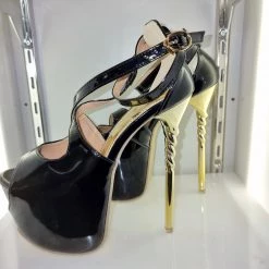SHOES OF HOLLYWOOD BLACK SHINY GOLD 6 INCH TWIST HIGH HEEL PLATFORM SHOES SALE