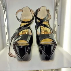 SHOES OF HOLLYWOOD BLACK SHINY GOLD 6 INCH TWIST HIGH HEEL PLATFORM SHOES SALE