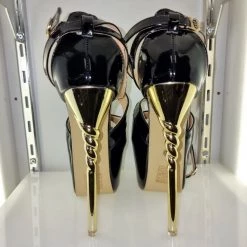 SHOES OF HOLLYWOOD BLACK SHINY GOLD 6 INCH TWIST HIGH HEEL PLATFORM SHOES SALE
