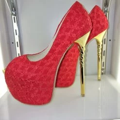 SHOES OF HOLLYWOOD RED FABRIC GOLD 6 INCH TWIST HIGH HEEL PLATFORM SHOES SIZE EU 38 SALE