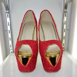 SHOES OF HOLLYWOOD RED FABRIC GOLD 6 INCH TWIST HIGH HEEL PLATFORM SHOES SIZE EU 38 SALE