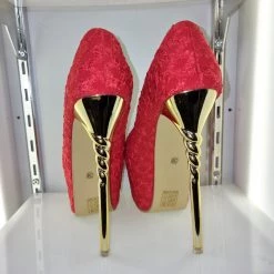 SHOES OF HOLLYWOOD RED FABRIC GOLD 6 INCH TWIST HIGH HEEL PLATFORM SHOES SIZE EU 38 SALE