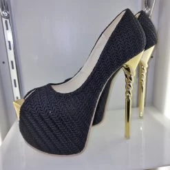 SHOES OF HOLLYWOOD BLACK FABRIC GOLD 6 INCH TWIST HIGH HEEL PLATFORM SHOES SALE