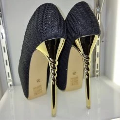 SHOES OF HOLLYWOOD BLACK FABRIC GOLD 6 INCH TWIST HIGH HEEL PLATFORM SHOES SALE