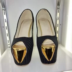 SHOES OF HOLLYWOOD BLACK FABRIC GOLD 6 INCH TWIST HIGH HEEL PLATFORM SHOES SALE