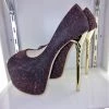 SHOES OF HOLLYWOOD BLACK MAROON FABRIC GOLD 6 INCH TWIST HIGH HEEL PLATFORM SHOES SALE