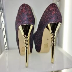 SHOES OF HOLLYWOOD BLACK MAROON FABRIC GOLD 6 INCH TWIST HIGH HEEL PLATFORM SHOES SALE
