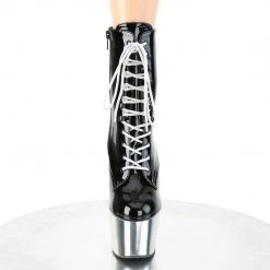 PLEASER ADORE-1020 SILVER CHROME BLACK 7 INCH HIGH HEEL ANKLE BOOTS
