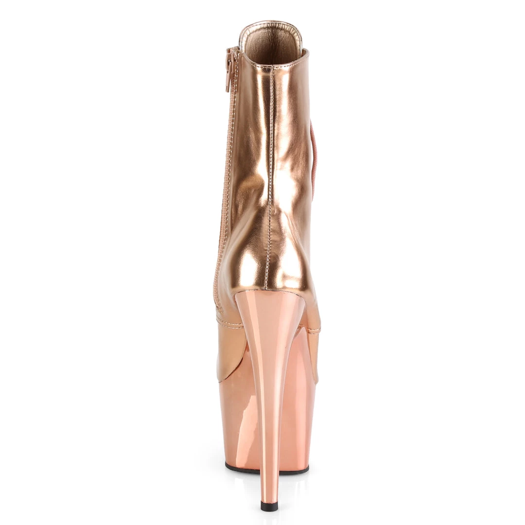 PLEASER ADORE-1020 ROSE GOLD CHROME 7 INCH HIGH HEEL ANKLE BOOTS