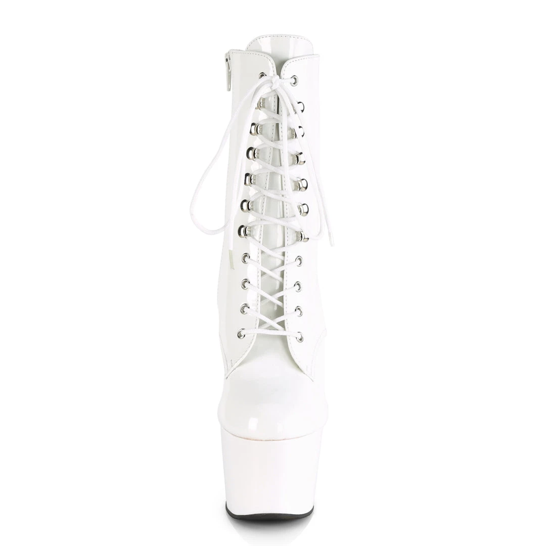 PLEASER ADORE-1020 SHINY WHITE 7 INCH HIGH HEEL ANKLE BOOTS