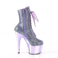 PLEASER ADORE-1020CHRS LAVENDER RHINESTONE CHROME PLATED 7 INCH HIGH HEEL ANKLE BOOTS SIZE 9