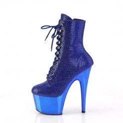 PLEASER ADORE-1020CHRS BLUE RHINESTONE CHROME PLATED 7 INCH HIGH HEEL ANKLE BOOTS SIZE 7