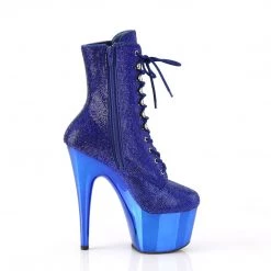 PLEASER ADORE-1020CHRS BLUE RHINESTONE CHROME PLATED 7 INCH HIGH HEEL ANKLE BOOTS SIZE 7