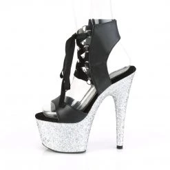 PLEASER ADORE-700-14 BLACK MATTE SILVER GLITTER 7 INCH HIGH HEEL PLATFORM SHOES SIZE 7