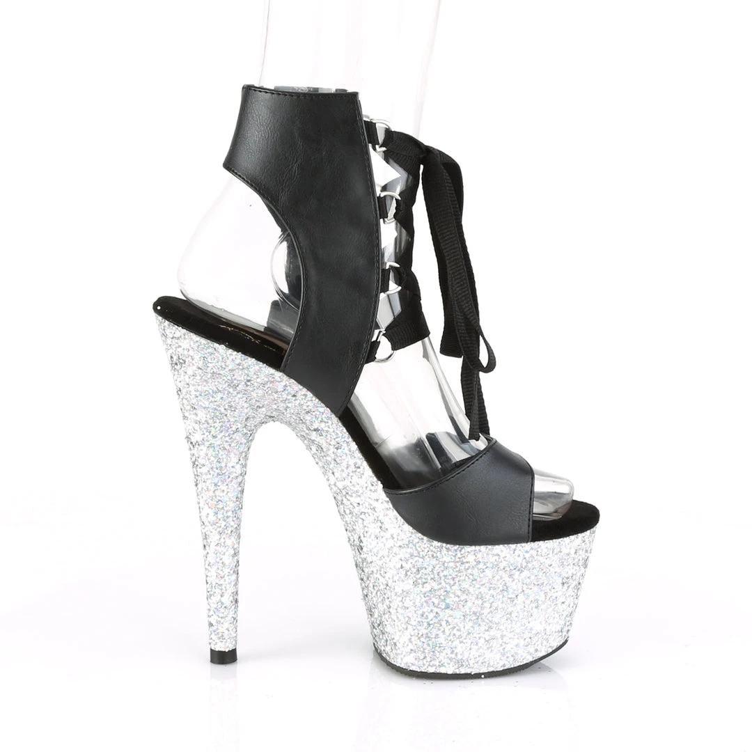 PLEASER ADORE-700-14 BLACK MATTE SILVER GLITTER 7 INCH HIGH HEEL PLATFORM SHOES SIZE 7