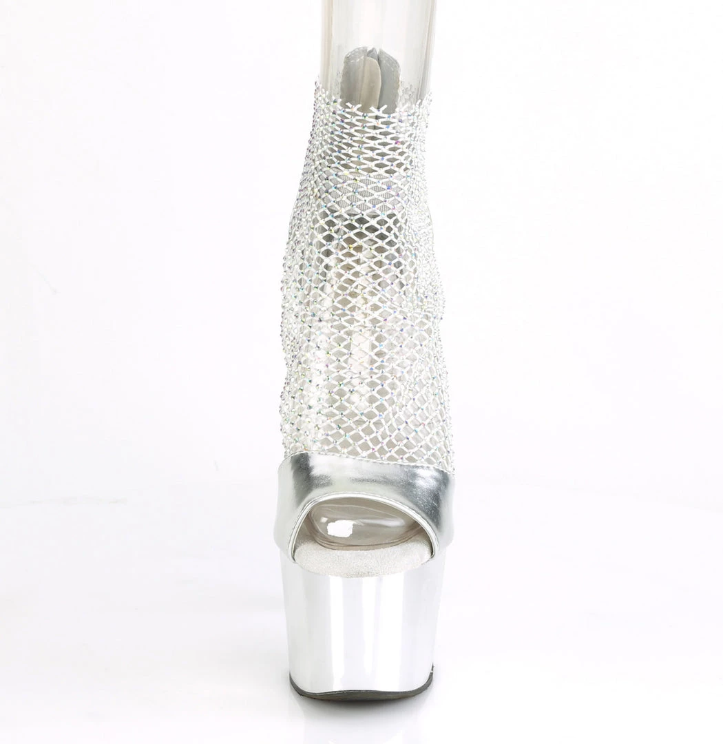 PLEASER ADORE-765 SILVER PLATED RHINESTONE MESH 7 INCH HIGH HEEL PLATFORM SHOES SIZE 8