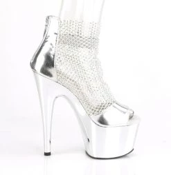 PLEASER ADORE-765 SILVER PLATED RHINESTONE MESH 7 INCH HIGH HEEL PLATFORM SHOES SIZE 8
