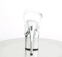PLEASER ESTEEM-708CHLG SILVER GLITTER CHROME PLATED 7 INCH HIGH HEEL PLATFORM SHOES SIZE 6