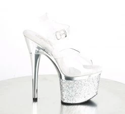 PLEASER ESTEEM-708CHLG SILVER GLITTER CHROME PLATED 7 INCH HIGH HEEL PLATFORM SHOES SIZE 6