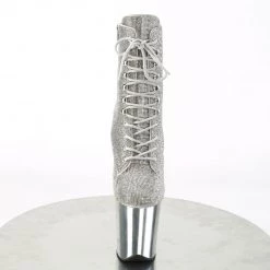 PLEASER FLAMINGO-1020CHRS SILVER RHINESTONE CHROME PLATED 8 INCH HIGH HEEL ANKLE BOOTS SIZE 8