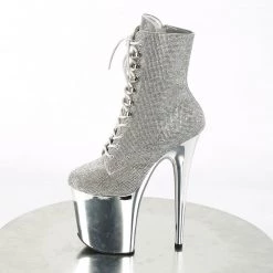 PLEASER FLAMINGO-1020CHRS SILVER RHINESTONE CHROME PLATED 8 INCH HIGH HEEL ANKLE BOOTS SIZE 8