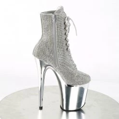 PLEASER FLAMINGO-1020CHRS SILVER RHINESTONE CHROME PLATED 8 INCH HIGH HEEL ANKLE BOOTS SIZE 8