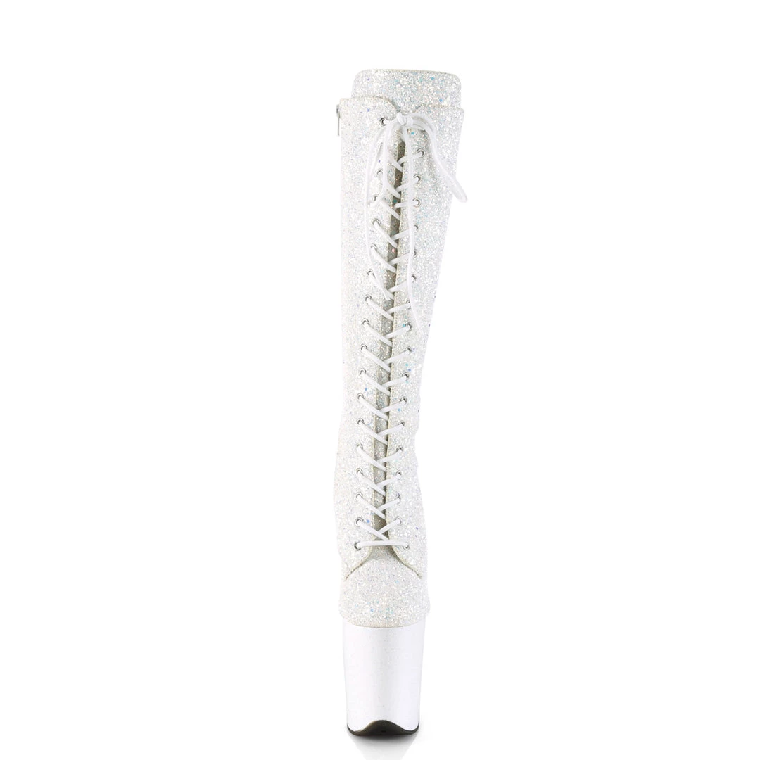 PLEASER FLAMINGO-2020MG WHITE IRIDESCENT GLITTER 8 INCH KNEE HIGH BOOTS