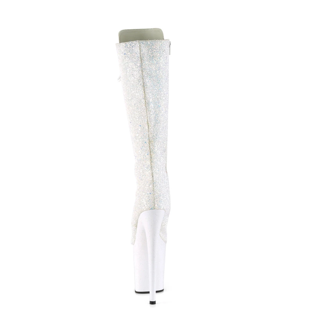 PLEASER FLAMINGO-2020MG WHITE IRIDESCENT GLITTER 8 INCH KNEE HIGH BOOTS