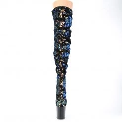 PLEASER FLAMINGO-3004 BLUE IRIDESCENT SEQUIN 8 INCH THIGH HIGH BOOTS
