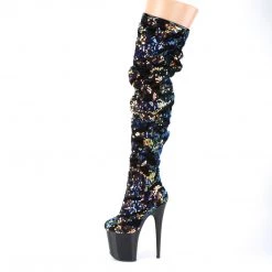 PLEASER FLAMINGO-3004 BLUE IRIDESCENT SEQUIN 8 INCH THIGH HIGH BOOTS