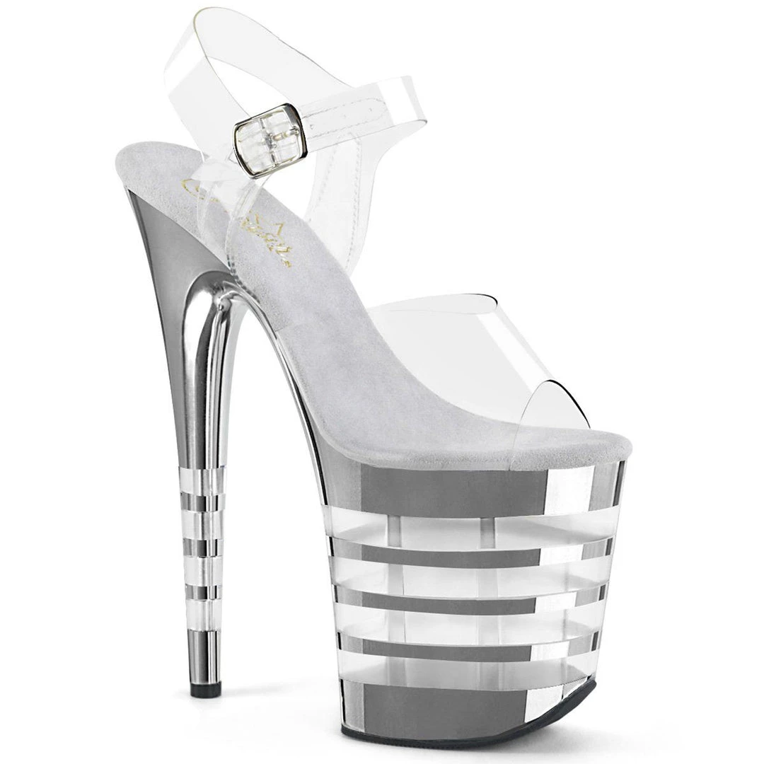 PLEASER FLAMINGO-808CHLN SILVER CHROME 8 INCH HIGH HEEL PLATFORM SHOES SIZE 8