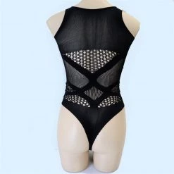 Shoes Of Hollywood SHORT SLEEVE PATERN MESH LINGERIE ONE PIECE BODYSUIT RHINESTOBE BLING BLACK