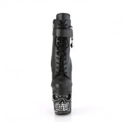 PLEASER RAPTURE-1020STR-LT GOTH SKULL 8 INCH BLACK MATTE 8 INCH HIGH HEEL ANKLE BOOTS