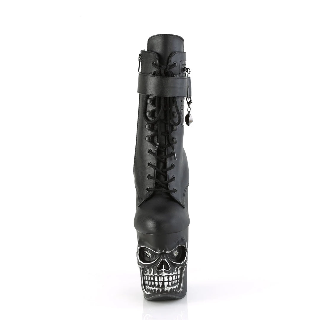 PLEASER RAPTURE-1020STR-LT GOTH SKULL 8 INCH BLACK MATTE 8 INCH HIGH HEEL ANKLE BOOTS