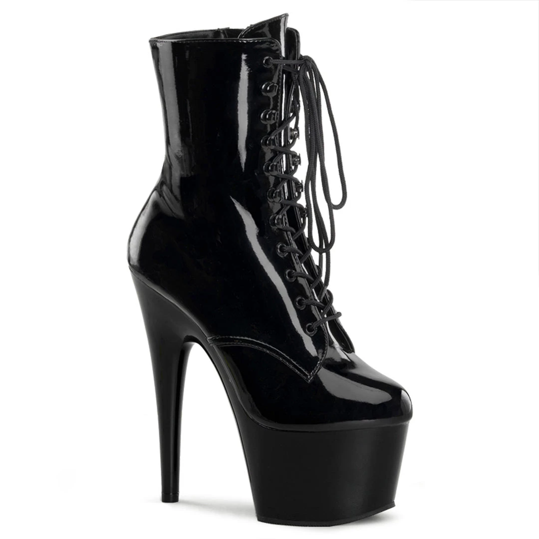 PLEASER ADORE-1020 Shiny Black 7 Inch High Heel Ankle Boots.