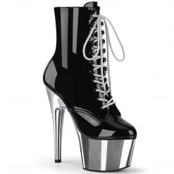 PLEASER ADORE-1020 SILVER CHROME BLACK 7 INCH HIGH HEEL ANKLE BOOTS