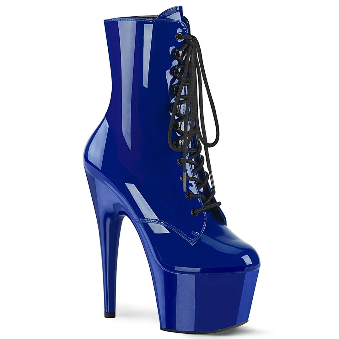 PLEASER ADORE-1020 SHINY BLUE 7 INCH HIGH HEEL ANKLE BOOTS