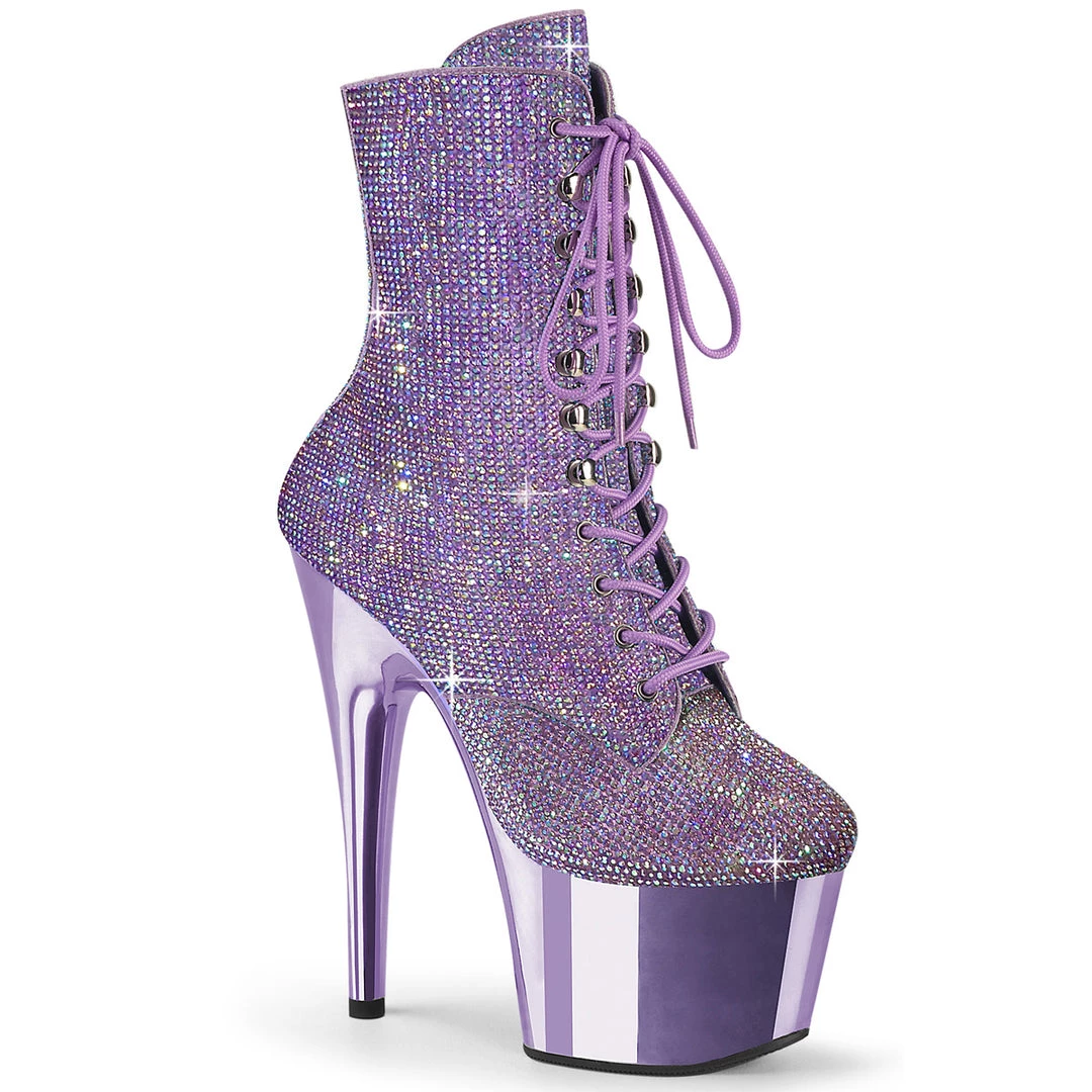 PLEASER ADORE-1020CHRS LAVENDER RHINESTONE CHROME PLATED 7 INCH HIGH HEEL ANKLE BOOTS SIZE 9