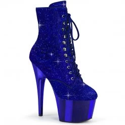 PLEASER ADORE-1020CHRS BLUE RHINESTONE CHROME PLATED 7 INCH HIGH HEEL ANKLE BOOTS SIZE 7