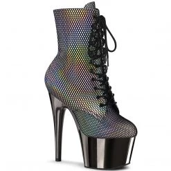 PLEASER ADORE-1020HFN SILVER HOLOGRAPHIC PEWTER CHROME 7 INCH HIGH HEEL ANKLE BOOTS