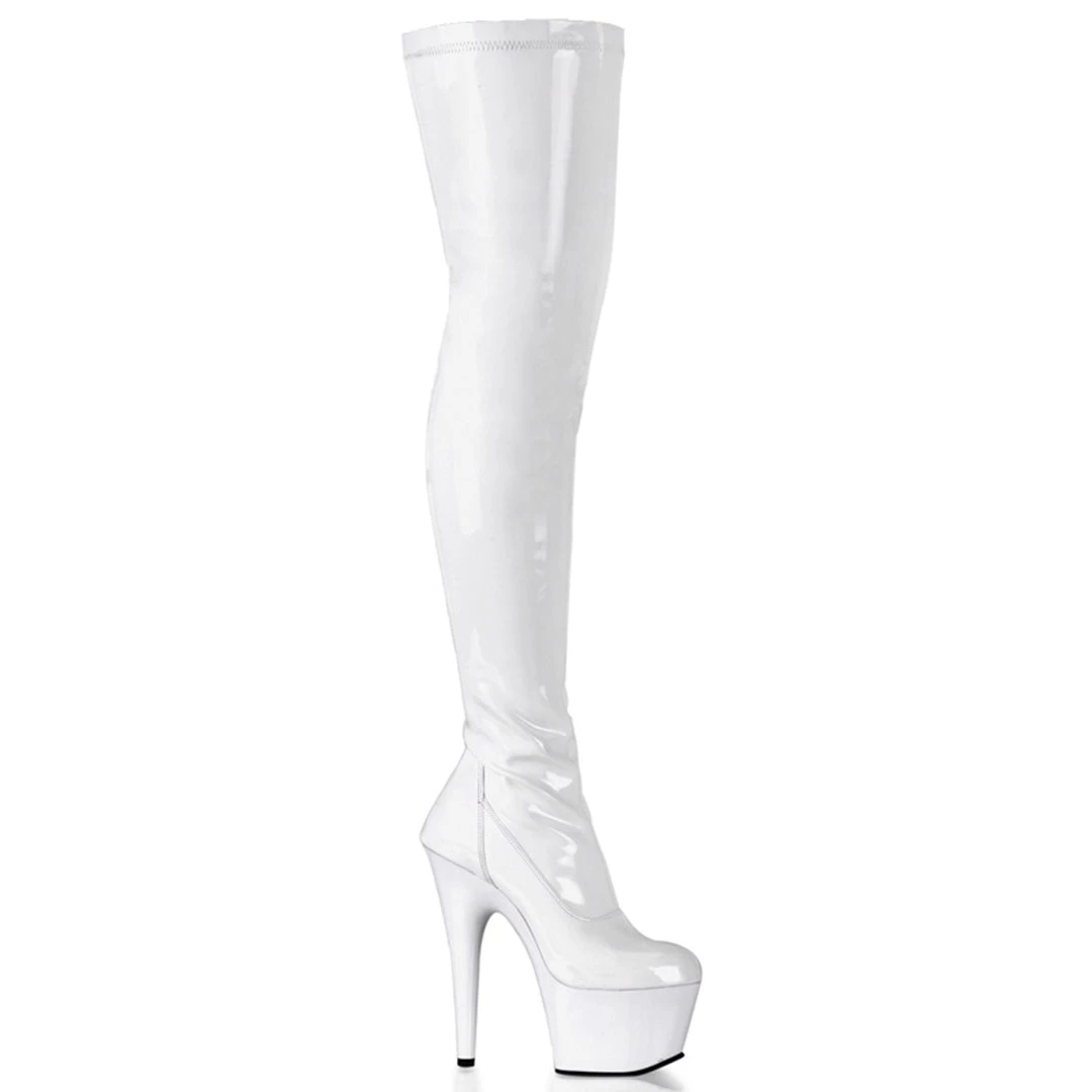 PLEASER ADORE-3000 SHINY WHITE 7 INCH THIGH HIGH BOOTS