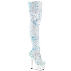 PLEASER ADORE-3020 WHITE MULTI SEQUIN 7 INCH THIGH HIGH BOOTS SIZE 8