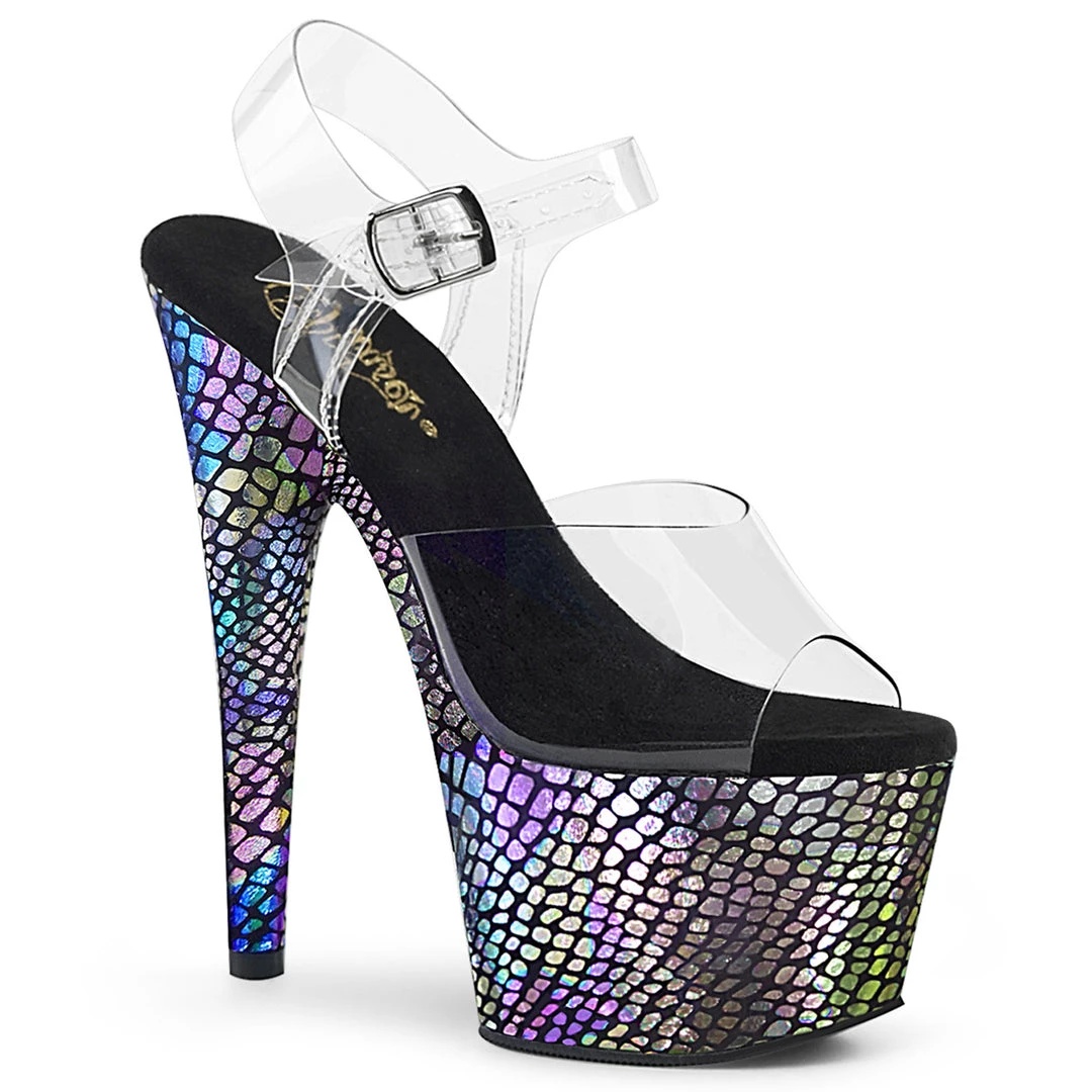 PLEASER ADORE-708SP HOLOGRAPHIC SNAKE PRINT WRAP 7 INCH HIGH HEEL PLATFORM SHOES SIZE 7